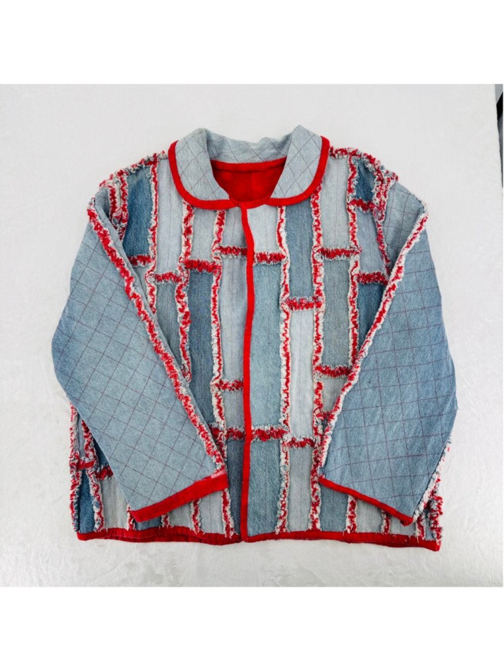 Vintage Heavy Denim Patchwork Jacket Red Lined Raw Fringe Seams Handmade READ - Picture 11 of 11
